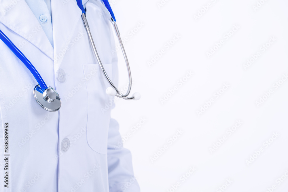 Female doctor portrait, young woman physican holding a stethoscope isolated on white background, close up, cropped view, copy space Female doctor portrait, young woman physican holding a stethoscope isolated on white background, close up, cropped view, copy space
