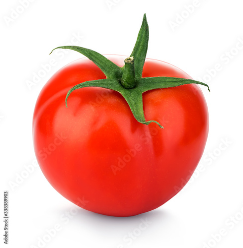 Red fresh tomato close-up isolated on a white background.