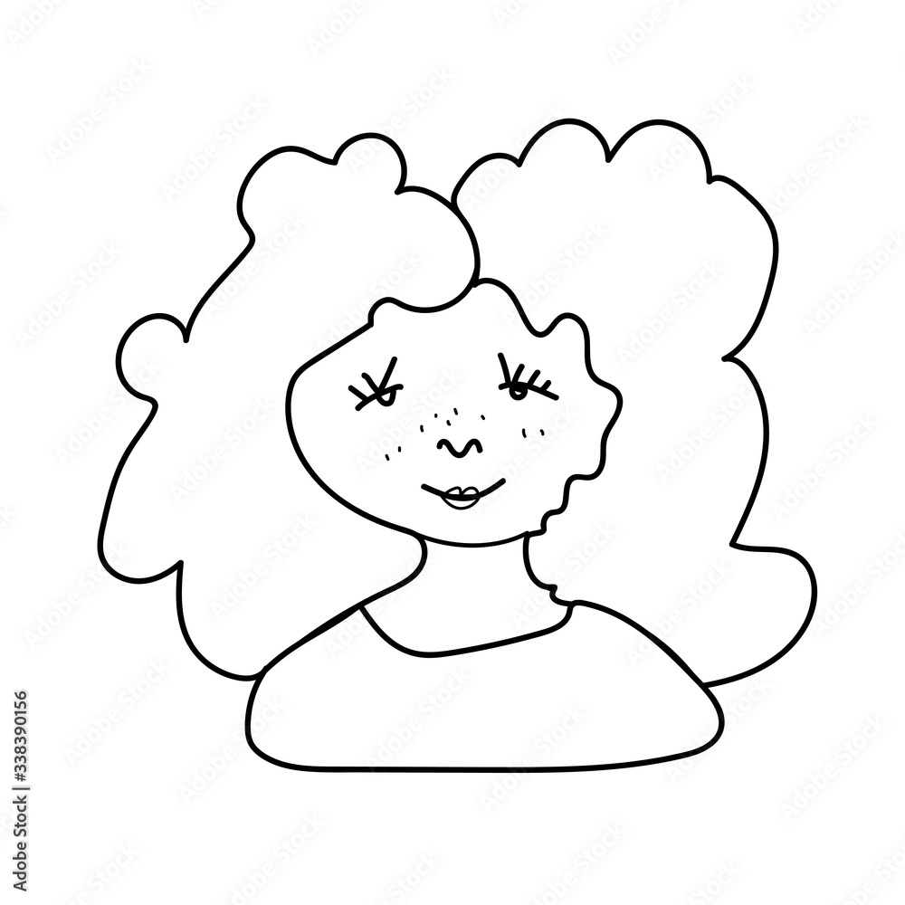 Vector portrait of a little girl. Illustration of a child of European appearance by black doodle lines.For child protection day.Design for coloring,packaging,web,children's games,cards,print. Vector portrait of a little girl. Illustration of a child of European appearance by black doodle lines.For child protection day.Design for coloring,packaging,web,children's games,cards,print.
