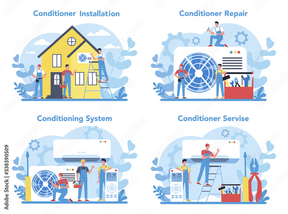 Air conditioning repair and instalation service concept set. Repairman