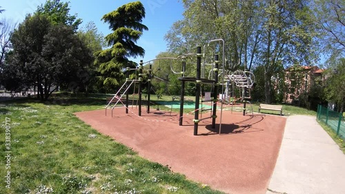 Panning View of Empty Children's Park Due to Coronavirus (COVID-19) on a Bright Sunny Spring Day in Toulouse, France