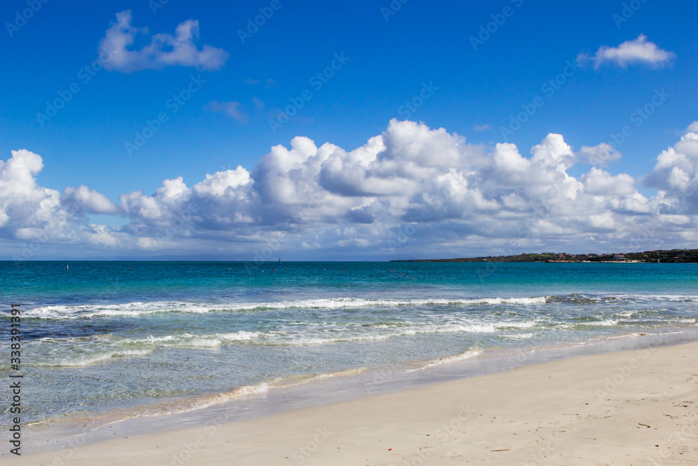 Paradise beach with turquoise sea water and white sand in Stintino, Sardinia, Italy.  Amazing blue sky with clouds in sunny day in La Pelosa Beach.