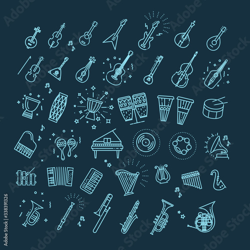 Outline flat vector icons. music classic instruments.