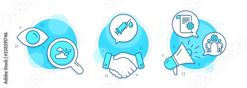 Employees teamwork, Medical syringe and Windy weather line icons set. Handshake deal, research and promotion complex icons. Technical documentation sign. Collaboration, Vaccination, Cloud wind. Vector