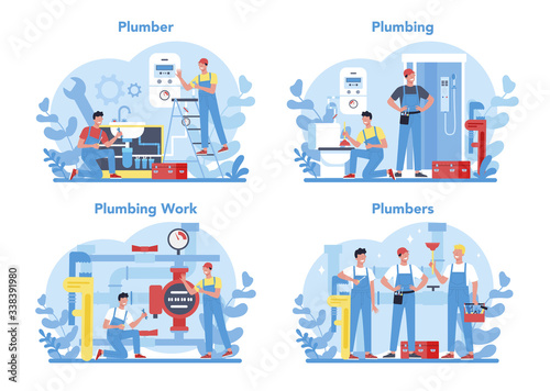 Plumbing service concept set. Professional repair and cleaning