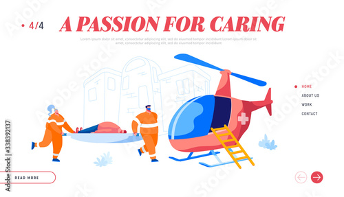 Ambulance Medical Staff Service Landing Page Template. Medic Rescuers Transporting Patient to Helicopter. Emergency Paramedic Doctor Characters Health Care Job. Cartoon People Vector Illustration