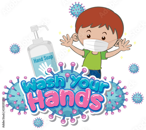 Wash your hands poster design with boy wearing mask