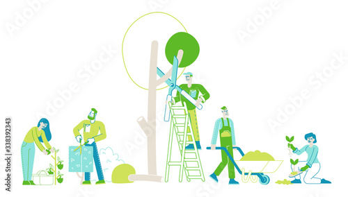 Farmers or Gardeners Planting, Trimming and Caring of Trees and Plants. Happy Characters Working in Summer Garden Harvesting, Digging Soil, Care of Flowers Gardening. Linear People Vector Illustration
