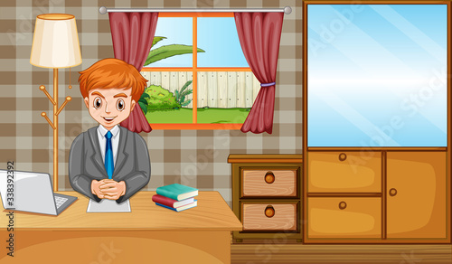 Scene with man working on computer at home