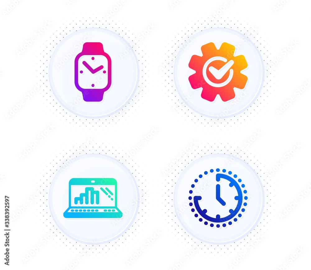 Graph laptop, Cogwheel and Smartwatch icons simple set. Button with halftone dots. Time sign. Mobile report, Engineering tool, Digital time. Clock. Technology set. Vector Graph laptop, Cogwheel and Smartwatch icons simple set. Button with halftone dots. Time sign. Mobile report, Engineering tool, Digital time. Clock. Technology set. Vector