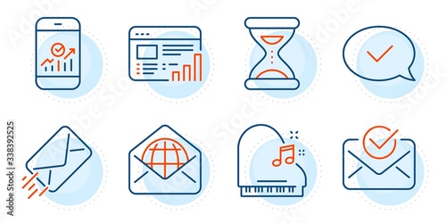 Approved message, Piano and Smartphone statistics signs. Time, Web mail and E-mail line icons set. Web report, Approved mail symbols. Clock, World communication. Education set. Vector