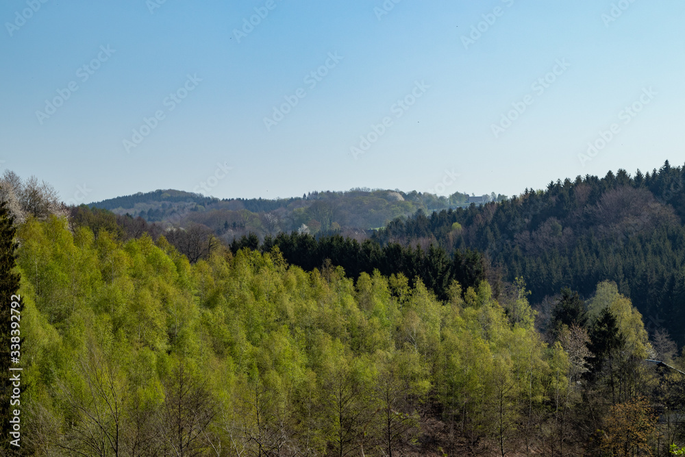 View over hilly landscape with trees and forests in spring