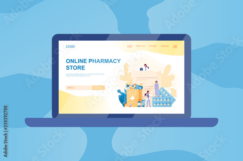 Online pharmacy web banner on computer or laptop. Medicine