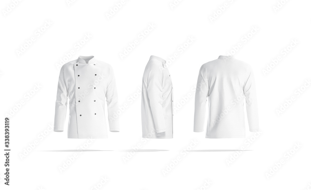 Blank white chef jacket with buttons mock up, different sides Blank white chef jacket with buttons mock up, different sides