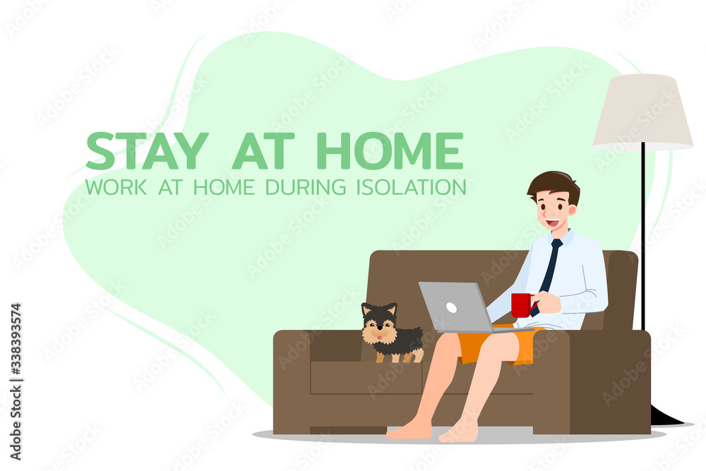 Young business man is sitting and working with laptop on the sofa at home with his dog. Online job in social for safety and to protect him from Corona virus. Vector illustration flat design. Young business man is sitting and working with laptop on the sofa at home with his dog. Online job in social for safety and to protect him from Corona virus. Vector illustration flat design.