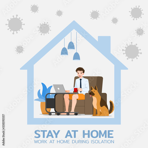 Young business man is sitting and working with laptop on the sofa at home with his dog. Online job in social for safety and to protect him from Corona virus. Vector illustration flat design.