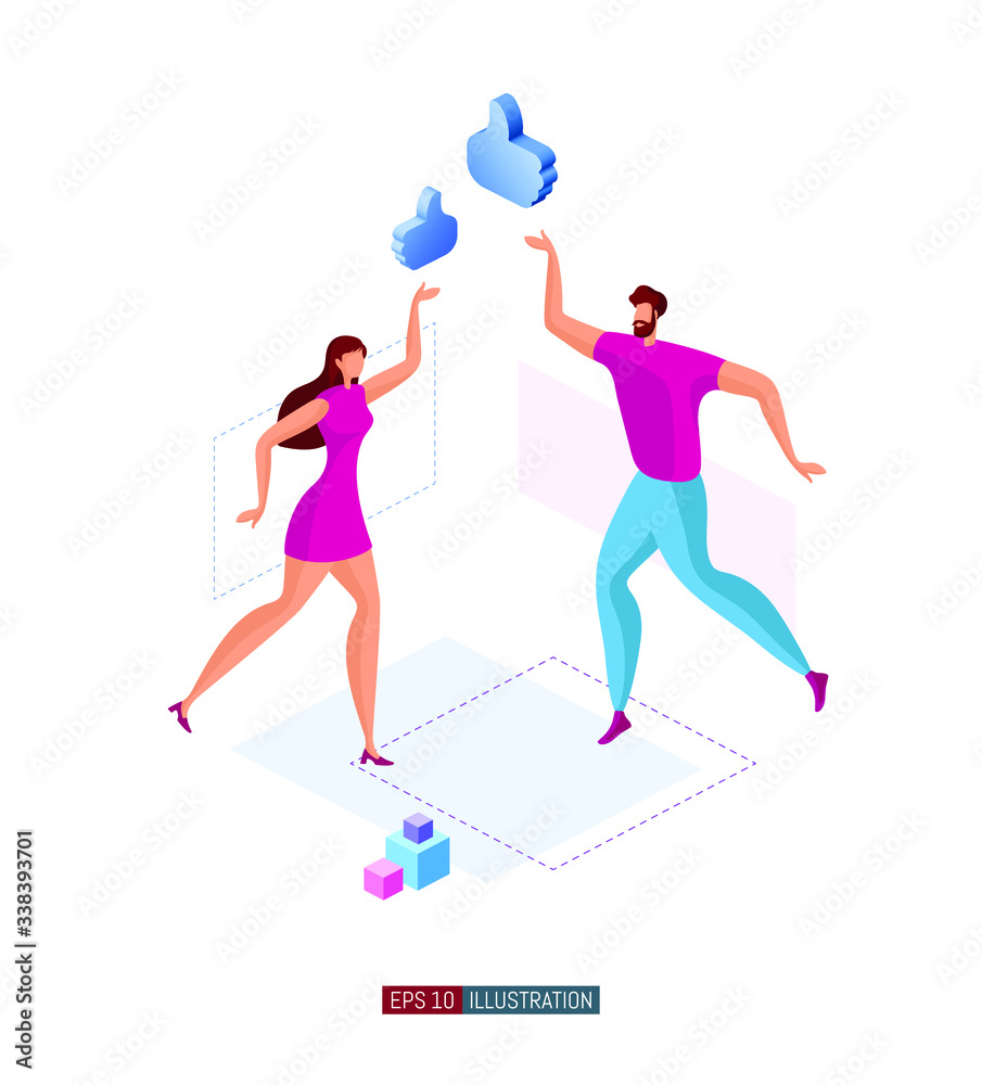 Trendy flat illustration. Man and woman with Like symbol. Concept for social media. Template for your design works. Vector graphics.