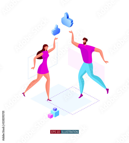 Trendy flat illustration. Man and woman with Like symbol. Concept for social media. Template for your design works. Vector graphics. © Oleksandr