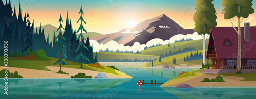 Hut by the river in frjnt of rocky mountains. House on the shore of a clean mountain lake. Modern cartoon illustration.