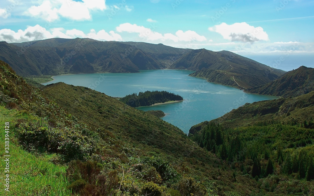 Beautiful view of Lake Fogo from the Barrosa viewpoint. Sao Miguel, Azores, Portugal, Europe
