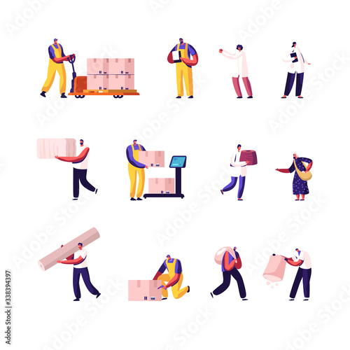 Set of Male and Female Characters Freight and Goods Delivery and Shipping Profession, Collecting Cotton and Fabric Production Isolated on White Background. Cartoon Vector People Illustration, Clip Art