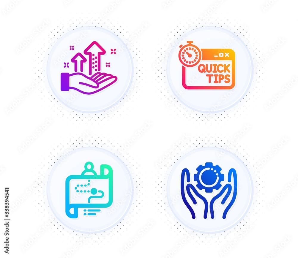 Quick tips, Analysis graph and Journey path icons simple set. Button with halftone dots. Employee hand sign. Helpful tricks, Targeting chart, Project process. Work gear. Business set. Vector