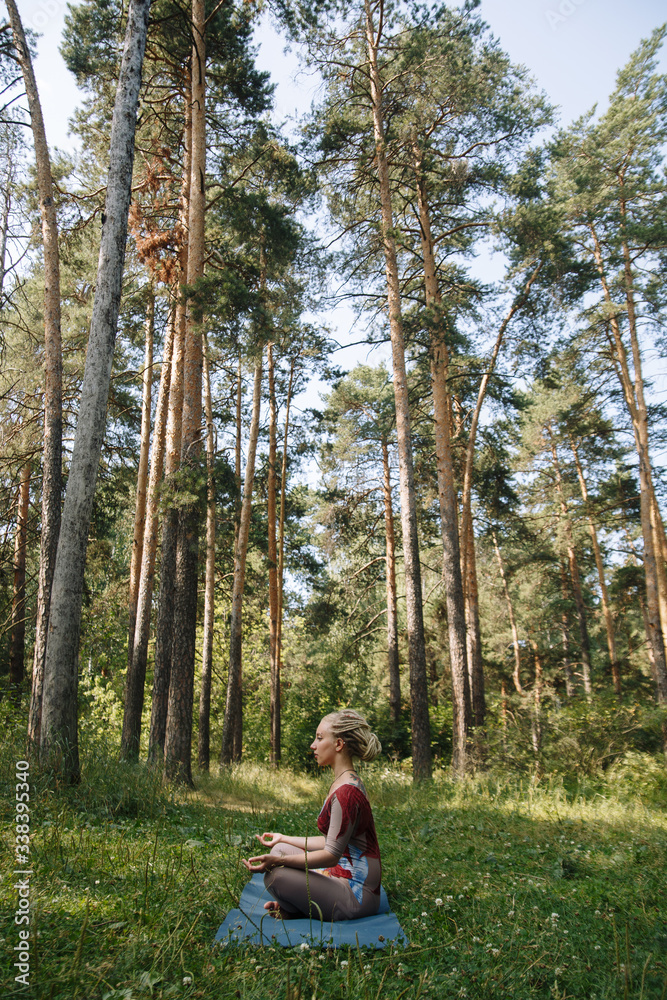 Side view of young woman sitting in lotus position, practicing yoga in the forest (Park) Side view of young woman sitting in lotus position, practicing yoga in the forest (Park)