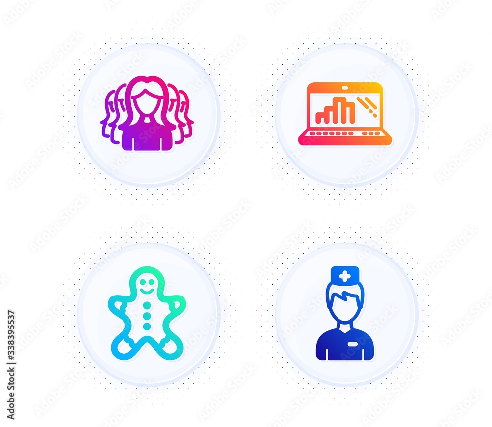 Graph laptop, Women group and Gingerbread man icons simple set. Button with halftone dots. Doctor sign. Mobile report, Lady service, Christmas cookie. Medicine person. Business set. Vector Graph laptop, Women group and Gingerbread man icons simple set. Button with halftone dots. Doctor sign. Mobile report, Lady service, Christmas cookie. Medicine person. Business set. Vector