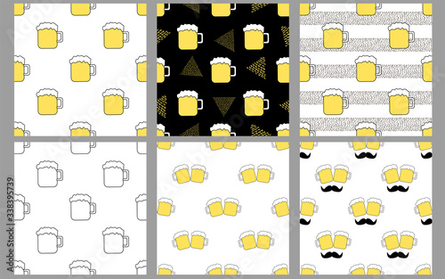 Seamless patterns with beer mugs. Creative set.