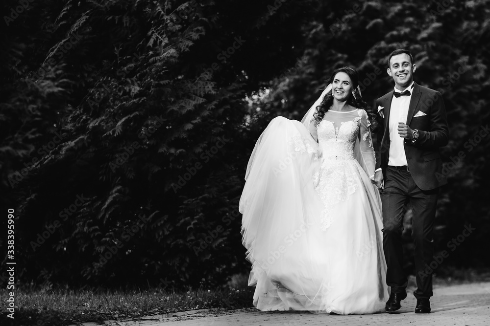 happy newlyweds hold hands and walk in the park on black and whi happy newlyweds hold hands and walk in the park on black and whi