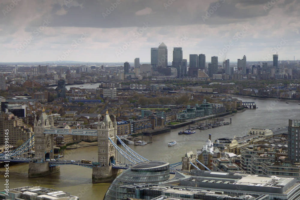Tower bridge and the cityscape of Canary Wharf London Docklands from the Shard, London England