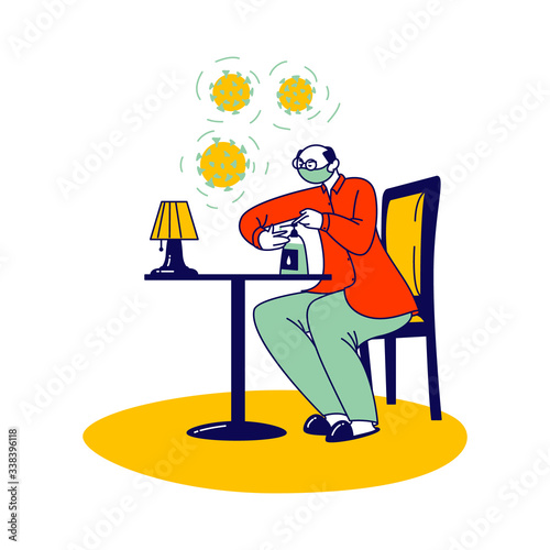 Protective and Prevention Measures due to Coronavirus Pandemic. Male Character on Quarantine Self Isolation Wearing Medical Mask Covering Hands with Antibacterial Gel. Linear Vector Illustration