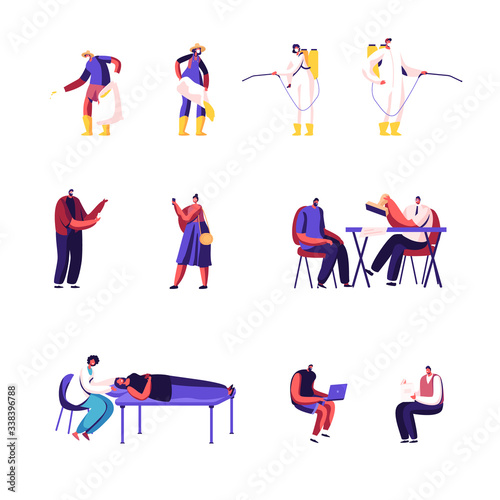Set of Male Female Characters Gardeners Fertilizing Plant in Garden, Lawyer or Notary Notarize Document, Dermatologist Doctor Isolated on White Background. Cartoon Vector People Illustration, Clip Art