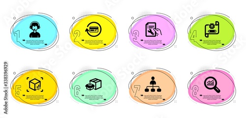 Packing boxes, Repair document and Management signs. Timeline infographic. Data analysis, Augmented reality and Cogwheel blueprint line icons set. Refund commission, Consultant symbols. Vector