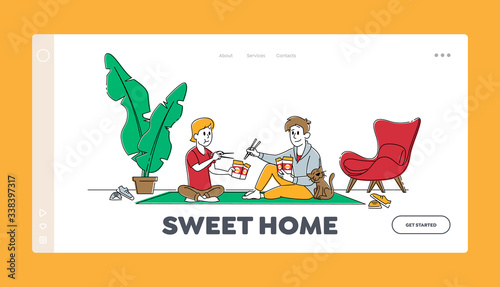 People Sparetime Landing Page Template. Characters Young Couple Spend Time at Home Sitting on Floor Chatting, Eating Chinese Food with Cat Sitting nearby on Weekend Evening. Linear Vector Illustration