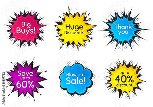 Save up to 60%, 40% huge discount. Comic speech bubble. Thank you, hi and yeah phrases. Sale shopping text. Chat messages with phrases. Colorful texting comic speech bubble. Vector