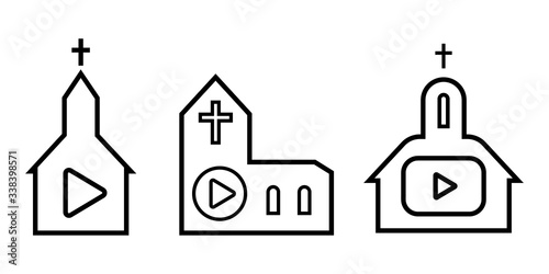 Online church service quarantine streaming video, christian church, chapel with cross flat icon for apps and websites