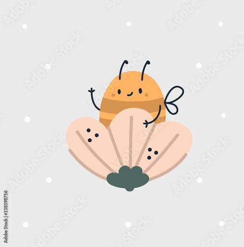Cute childish print with baby bee sitting in flower. Cartoon honeybee vector illustration. Little Bumblebee in flat style. Ideal for poster, card, invitations, print, kids room decoration