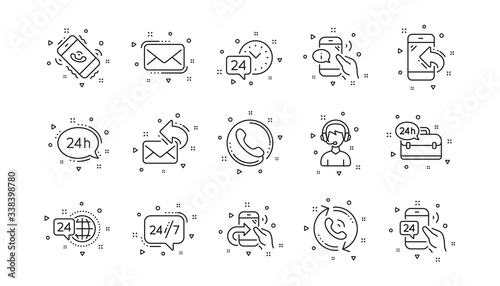 Call center, Support and Chat message. Processing line icons. 24 hour service linear icon set Geometric elements. Quality signs set. Vector