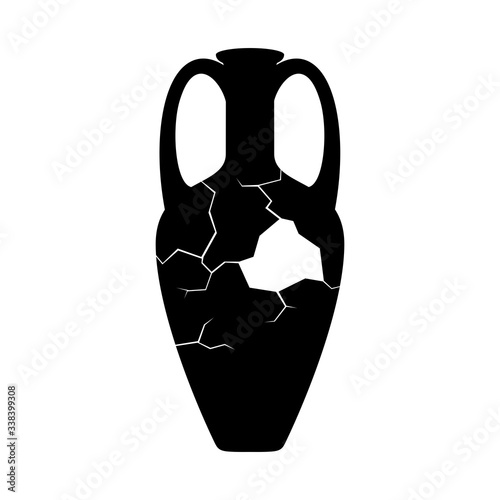 Broken ancient amphora icon with two handles. Antique clay vase jar, Old traditional vintage pot. Ceramic jug archaeological artefact. Greek or Roman vessel pottery for wine or oil. Vector