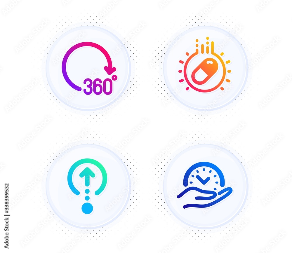 Capsule pill, Swipe up and 360 degrees icons simple set. Button with halftone dots. Safe time sign. Medicine drugs, Scrolling page, Full rotation. Management. Science set. Vector