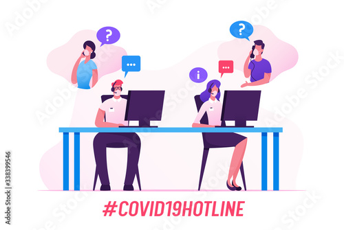 Covid19 Hotline Operator Characters Help Clients with Coronavirus Questions. Call Center Receptionists in Medical Masks and Headset Working on Support Customer Line. Cartoon Vector People Illustration