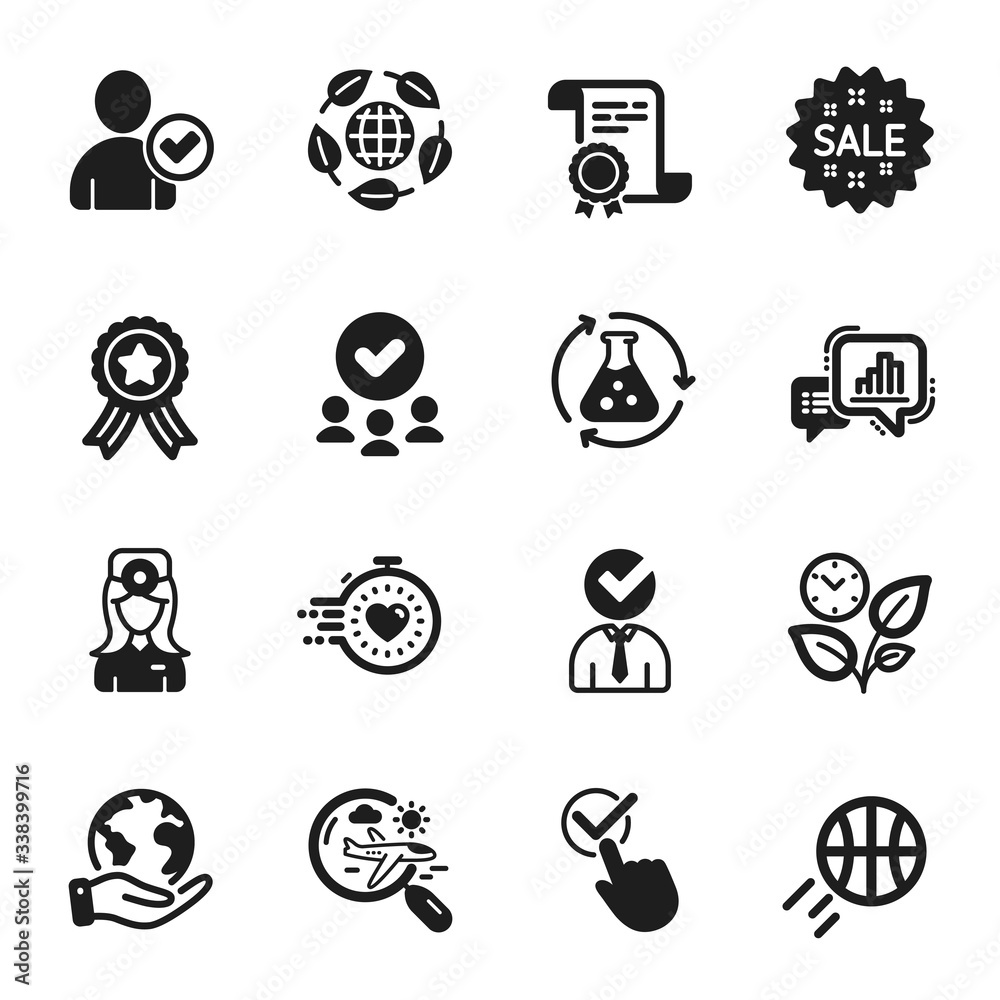 Set of Business icons, such as Basketball, Search flight. Certificate, approved group, save planet. Timer, Sale, Oculist doctor. Graph chart, Leaves, Identity confirmed. Vector Set of Business icons, such as Basketball, Search flight. Certificate, approved group, save planet. Timer, Sale, Oculist doctor. Graph chart, Leaves, Identity confirmed. Vector