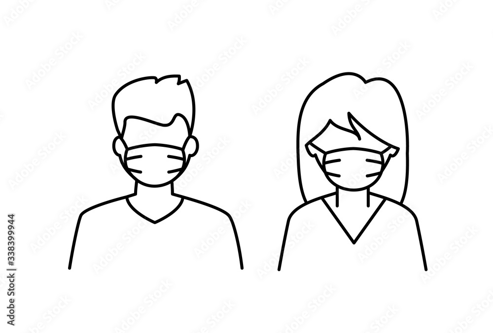 Man and Woman in medical face protection mask. Vector line icon of people wearing protective surgical mask. Man and Woman in medical face protection mask. Vector line icon of people wearing protective surgical mask.