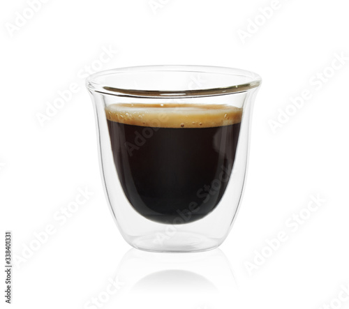 Transparent double wall glass mug with espresso coffee isolated on white