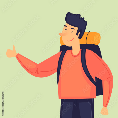 Hitchhiking trip, man holds thumb up. Flat design vector illustration.