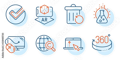 Chemistry lab, Augmented reality and Recovery trash signs. Swipe up, International Ð¡opyright and Verify line icons set. 360 degrees, Computer mouse symbols. Scroll screen, World copywriting. Vector