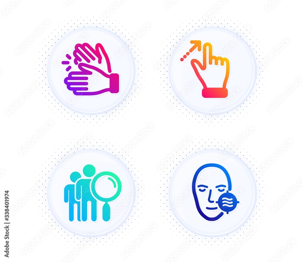 Touchscreen gesture, Search people and Clapping hands icons simple set. Button with halftone dots. Problem skin sign. Swipe, Find employee, Clap. Facial care. People set. Vector