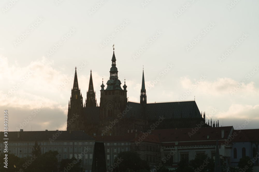 Fototapeta premium Prague night silhouette. Prague panorama during sunset