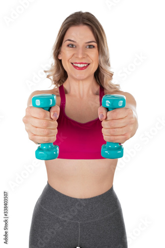  Sporty woman with dumbbells on isolated